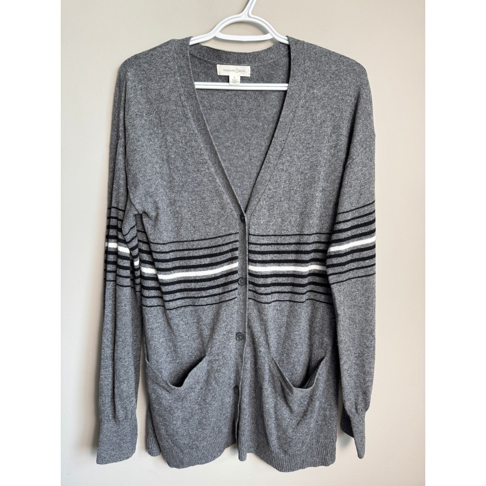 Treasure & Bond Womens Gray Striped Cashmere Blend Cardigan S Preppy Minimalist